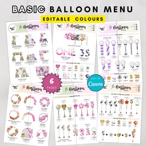 Ballon-Menüvorlage für Ballongeschäft mit bearbeitbarer Farbe, bearbeitbarem Ballondekorpreis, Ballonkünstler, Ballongirlanden-Preisführer