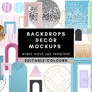 Può includere: Una collezione di forme geometriche e motivi colorati, tra cui archi, cerchi, quadrati e strisce. Il testo "Backdrops Decor Mockups" e "Editable Colours" è visualizzato su uno sfondo nero. Questa immagine è un modello di mockup per sfondi di eventi.