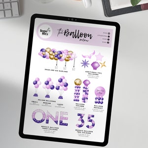 Peut inclure: Un mod&egrave;le de conception num&eacute;rique pour une arche de ballons, avec un th&egrave;me de couleurs violet, blanc et or. La conception comprend une vari&eacute;t&eacute; d'arrangements de ballons, y compris une guirlande, des colonnes et des bouquets. Le texte "The Balloon Menu" est en haut de la page.