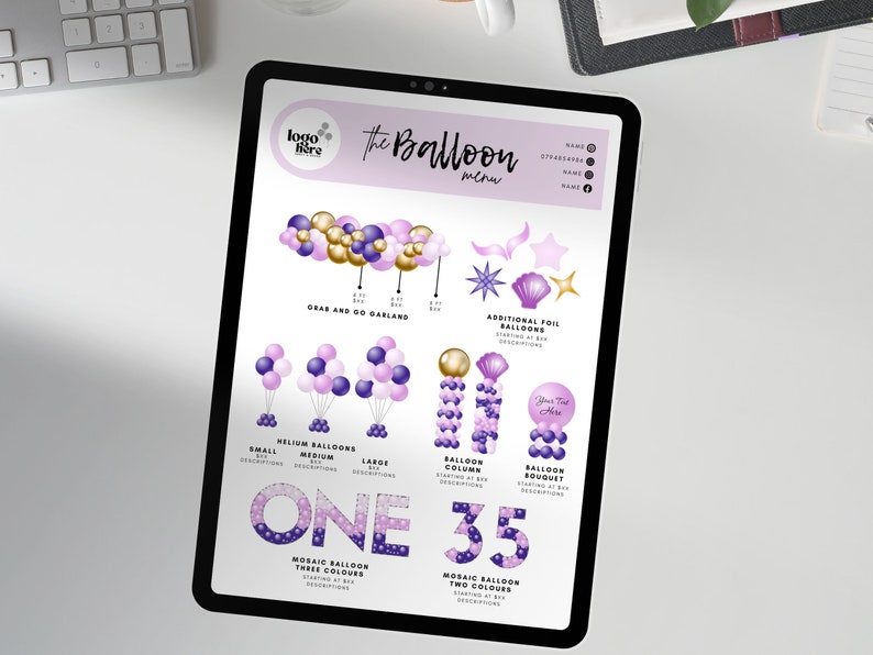 Peut inclure: Un mod&egrave;le de conception num&eacute;rique pour une arche de ballons, avec un th&egrave;me de couleurs violet, blanc et or. La conception comprend une vari&eacute;t&eacute; d'arrangements de ballons, y compris une guirlande, des colonnes et des bouquets. Le texte "The Balloon Menu" est en haut de la page.