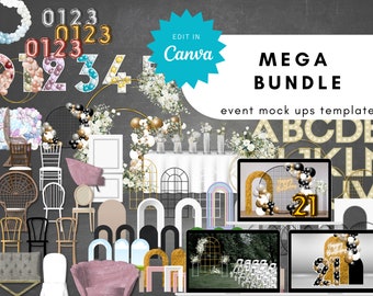 Digital Editable Decor Mock Ups Template Bundle, Balloon Garland, floral arrangements, chairs, marquee letters, backdrop design for wedding