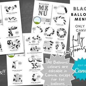 Digital Black Editable Balloon Menu Canva Template for Balloon Business, Balloon Design Pricing, Balloon Artist, Balloon Garland Price Guide