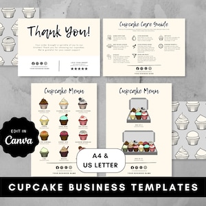 Cupcake Display Menu Template, Cup cake Care Card, Thank you Card, Cupcake Care Guide, Editable template dessert menu, bakery menu design