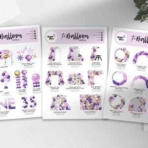 Peut inclure: Un menu de ballons avec diff&eacute;rents arrangements et designs de ballons. Le menu comprend des options pour des guirlandes, des colonnes, des arches, des murs et plus encore. Les ballons sont dans des tons de violet, d'or et de blanc.