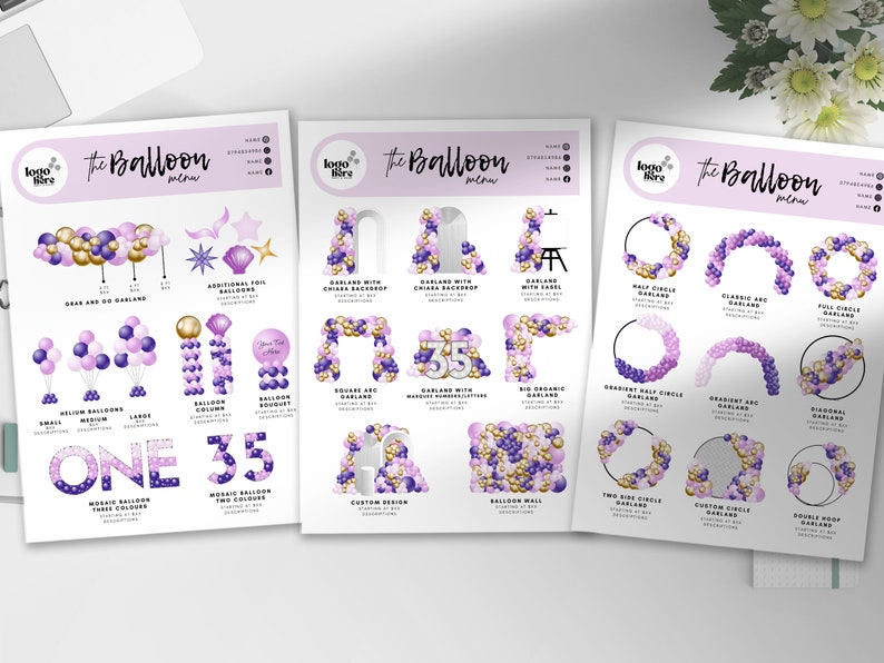 Peut inclure: Un menu de ballons avec diff&eacute;rents arrangements et designs de ballons. Le menu comprend des options pour des guirlandes, des colonnes, des arches, des murs et plus encore. Les ballons sont dans des tons de violet, d'or et de blanc.
