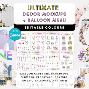 Event Mockup & Balloon Menu Bundle Template, flower, table, chair, balloon arch, backdrop design wedding decor, Event Planner Balloon Artist