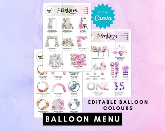 Balloon Menu Template for Balloon Business with editable colour, Editable Balloon Decor Pricing, Balloon Artist, Balloon Garland Price Guide