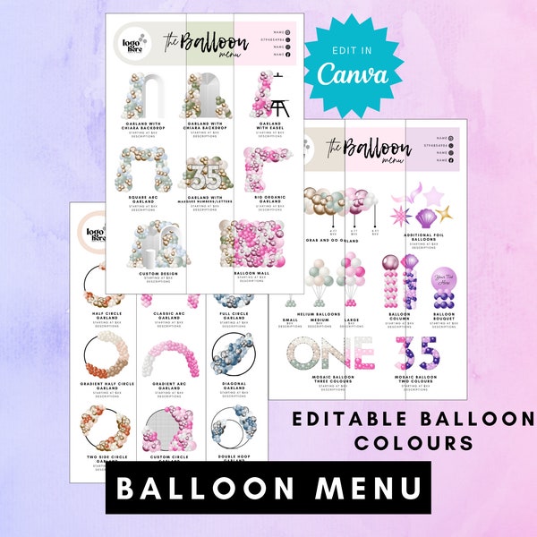 Modèle de menu de ballons pour entreprise de ballons avec couleur modifiable, prix modifiable de la décoration de ballons, artiste de ballons, guide des prix des guirlandes de ballons