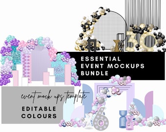 May include: A set of three event backdrop mockups featuring balloon arches, geometric shapes, and a variety of colors. The mockups are editable and can be customized with different colors. The text "ESSENTIAL EVENT MOCKUPS BUNDLE" is displayed on a black background.