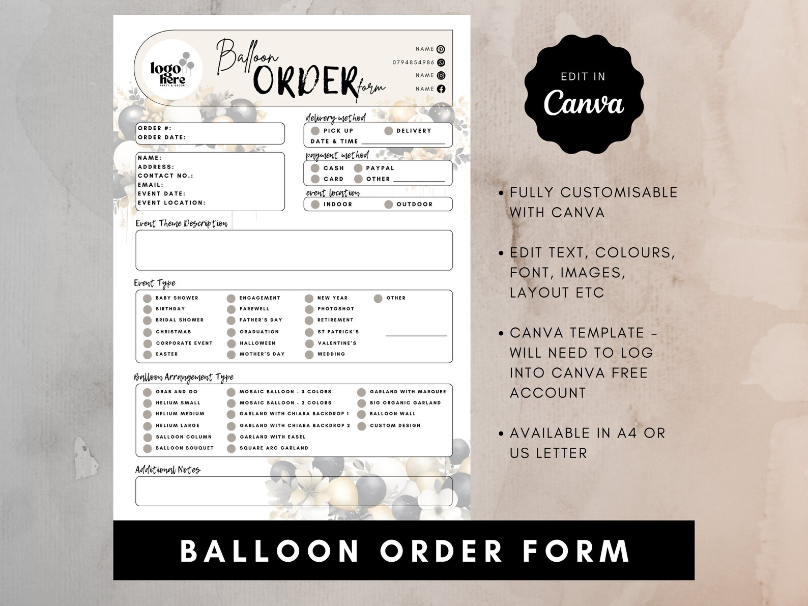 Balloon Business Forms Bundle: Contract, Invoice, Order (canva Template ...