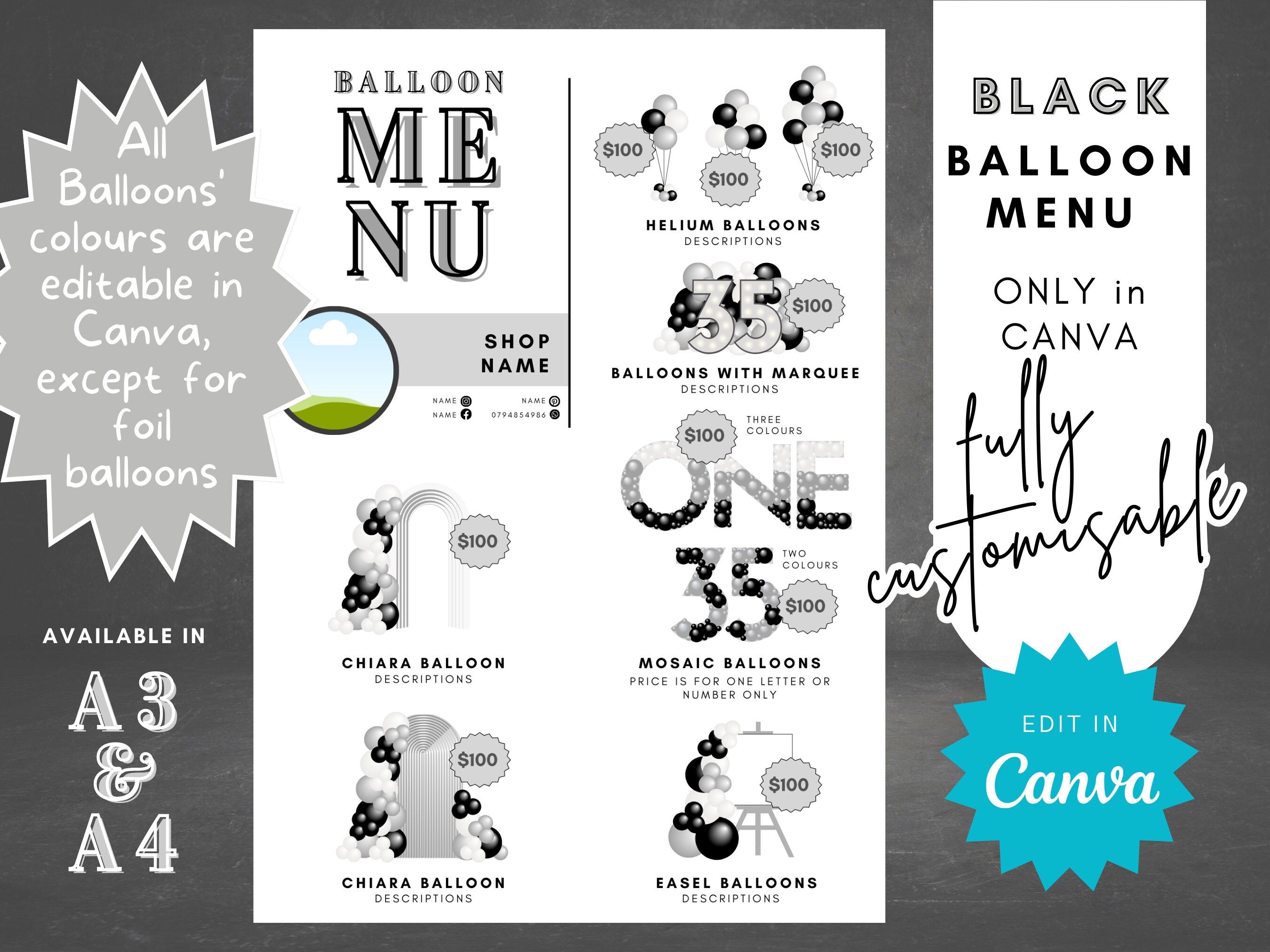 Custom Balloon Menu Editable Balloon Menu Template: Black Design, Canva (digital Download ...