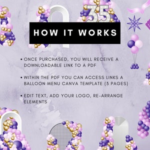 Peut inclure: Un produit num&eacute;rique pour cr&eacute;er des arches et des centres de table en ballons. L'image montre une vari&eacute;t&eacute; d'arrangements de ballons en violet, or et blanc. Le texte "HOW IT WORKS" est affich&eacute; en noir. Le texte ci-dessous explique que le produit comprend un PDF t&eacute;l&eacute;chargeable avec des liens vers des mod&egrave;les Canva.