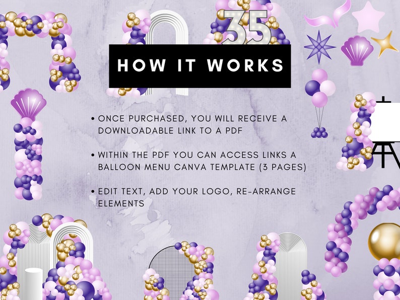 Peut inclure: Un produit num&eacute;rique pour cr&eacute;er des arches et des centres de table en ballons. L'image montre une vari&eacute;t&eacute; d'arrangements de ballons en violet, or et blanc. Le texte "HOW IT WORKS" est affich&eacute; en noir. Le texte ci-dessous explique que le produit comprend un PDF t&eacute;l&eacute;chargeable avec des liens vers des mod&egrave;les Canva.