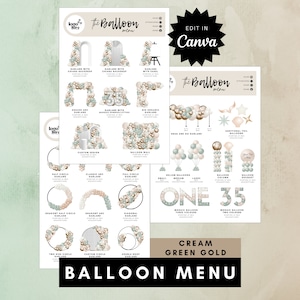 Balloon Menu Template for Balloon Business, Editable Balloon Decor Pricing, Balloon Artist, Balloon Garland Price Guide - Cream Green Gold