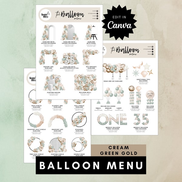 Editable Balloon Menu Template: Cream, Green & Gold (Digital)