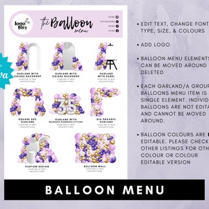 Peut inclure: Un mod&egrave;le de menu de ballons de couleur violet, or et blanc avec le texte "The Balloon Menu" et une liste de diff&eacute;rents arrangements de ballons, y compris une arche carr&eacute;e, une guirlande avec des lettres de num&eacute;ro de marquise, un mur de ballons et un design personnalis&eacute;. Le texte "Edit in Canva" est dans une &eacute;toile bleue en haut &agrave; gauche.