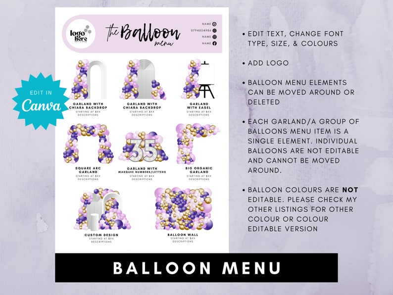 Peut inclure: Un mod&egrave;le de menu de ballons de couleur violet, or et blanc avec le texte "The Balloon Menu" et une liste de diff&eacute;rents arrangements de ballons, y compris une arche carr&eacute;e, une guirlande avec des lettres de num&eacute;ro de marquise, un mur de ballons et un design personnalis&eacute;. Le texte "Edit in Canva" est dans une &eacute;toile bleue en haut &agrave; gauche.
