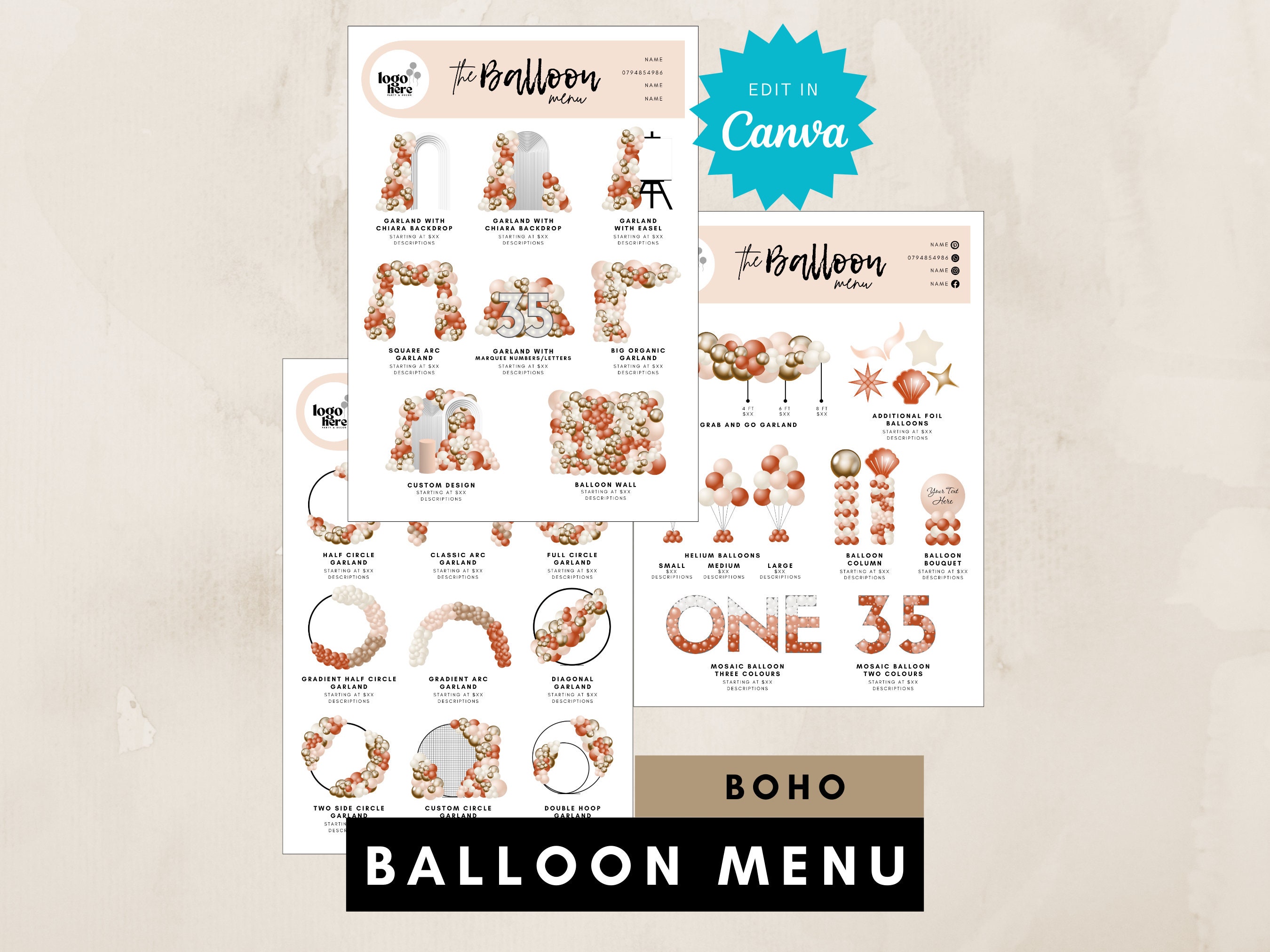 Boho Balloon Menu Template for Balloon Business, Editable Balloon Decor Pricing, Balloon Artist, Balloon Garland Price Guide