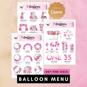Hot Pink Gold Balloon Menu Template for Balloon Business, Editable Balloon Decor Pricing, Balloon Artist, Balloon Garland Price Guide