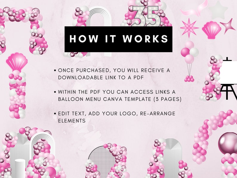 Pink Balloon Menu Template for Balloon Business, Editable Balloon Decor