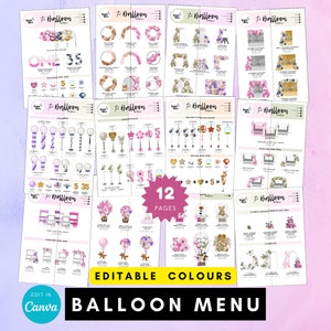 Ballon-Menüvorlage für Ballongeschäft mit bearbeitbarer Farbe, bearbeitbare Preise für Ballondekorationen, Ballonkünstler, Preisführer für Ballongirlanden