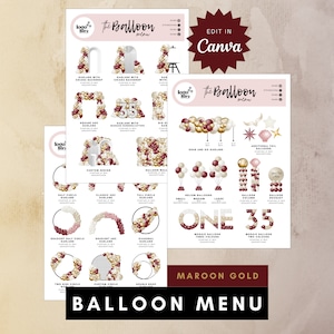 Maroon Gold Balloon Menu Template for Balloon Business, Editable Balloon Decor Pricing, Balloon Artist, Burgundy Balloon Garland Price Guide