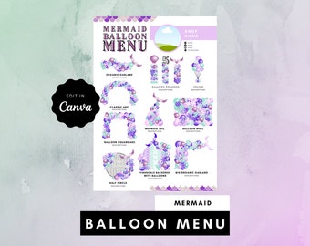 DIY Digital Mermaid Balloon Menu Canva Template | Editable Balloon Arrangement Template | Instant Download Balloon Decor Guide