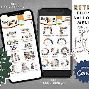 Retro Phone Balloon Menu Template - Editable - Instant Download | Canva Editable Balloon Business Menu Design, Balloon Garland Price Guide