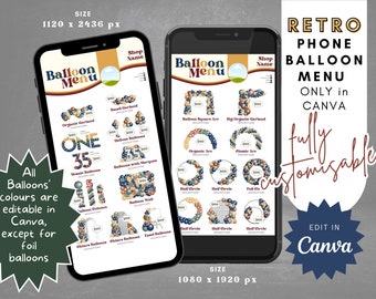 Retro Phone Balloon Menu Template - Editable - Instant Download | Canva Editable Balloon Business Menu Design, Balloon Garland Price Guide