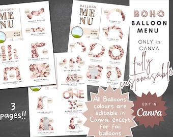 Boho Balloon Menu Template: Editable Pricing Guide (Canva)