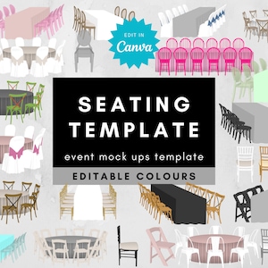 Op de afbeelding: Een digitale sjabloon met verschillende zitplaatsindelingen voor evenementen. De afbeelding toont verschillende stoelstijlen, waaronder houten kruisrugstoelen, en ronde en rechthoekige tafels met tafelkleden in verschillende kleuren. De tekst luidt "SEATING TEMPLATE" en "EDITABLE COLOURS."