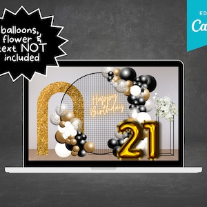Op de afbeelding: Een digitale mockup van een laptopscherm met een 21e verjaardagsfeest achtergrond met gouden en zwarte ballonnen, een gouden glitterboog en een zwarte rasterachtergrond. De tekst "Happy Birthday" is in neonlicht. Het nummer 21 is gemaakt van gouden ballonnen.