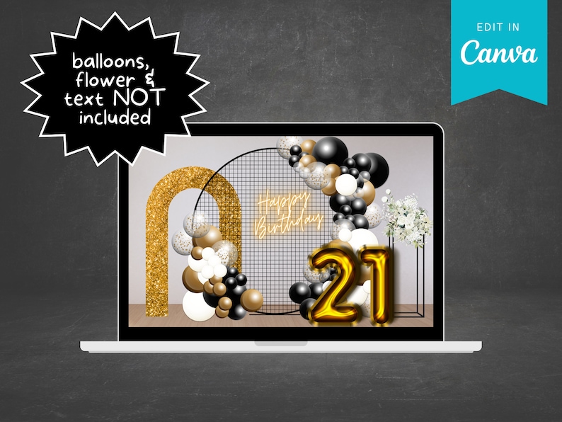 Op de afbeelding: Een digitale mockup van een laptopscherm met een 21e verjaardagsfeest achtergrond met gouden en zwarte ballonnen, een gouden glitterboog en een zwarte rasterachtergrond. De tekst "Happy Birthday" is in neonlicht. Het nummer 21 is gemaakt van gouden ballonnen.