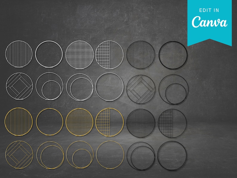 Op de afbeelding: Een set van 30 ronde metalen hoepels in goud, zilver en zwart met verschillende geometrische patronen. De hoepels zijn gerangschikt in drie rijen van tien, waarbij elke rij een andere kleur heeft.