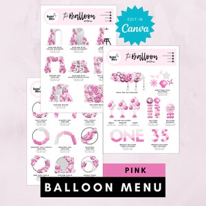 Modello di menu con palloncini rosa per attività di palloncini, prezzi modificabili per decorazioni di palloncini, artista di palloncini, guida ai prezzi di ghirlande di palloncini