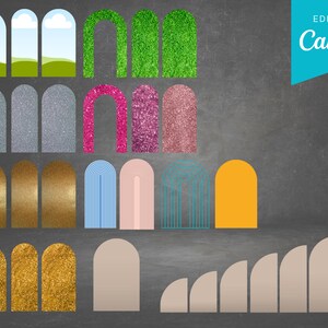 Op de afbeelding: Een set van 18 boogvormige digitale clipart-afbeeldingen in verschillende kleuren en texturen, waaronder glitter, gras en strepen. De afbeeldingen zijn perfect voor het maken van uitnodigingen, feestdecoraties of social media-berichten.  Bewerk in Canva.