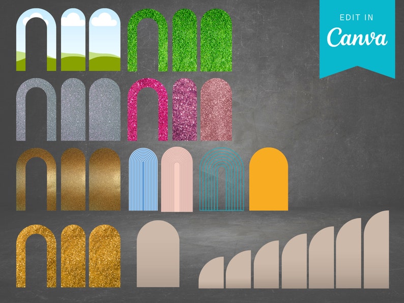 Op de afbeelding: Een set van 18 boogvormige digitale clipart-afbeeldingen in verschillende kleuren en texturen, waaronder glitter, gras en strepen. De afbeeldingen zijn perfect voor het maken van uitnodigingen, feestdecoraties of social media-berichten.  Bewerk in Canva.