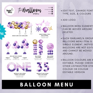 Peut inclure: Un mod&egrave;le de menu de ballons violet et or avec le texte "The Balloon Menu" et "Edit in Canva". Le menu comprend diff&eacute;rentes compositions de ballons, telles que des guirlandes, des colonnes et des bouquets. Le texte comprend &eacute;galement des informations sur la modification du mod&egrave;le, telles que la modification de la police, de la taille et des couleurs.
