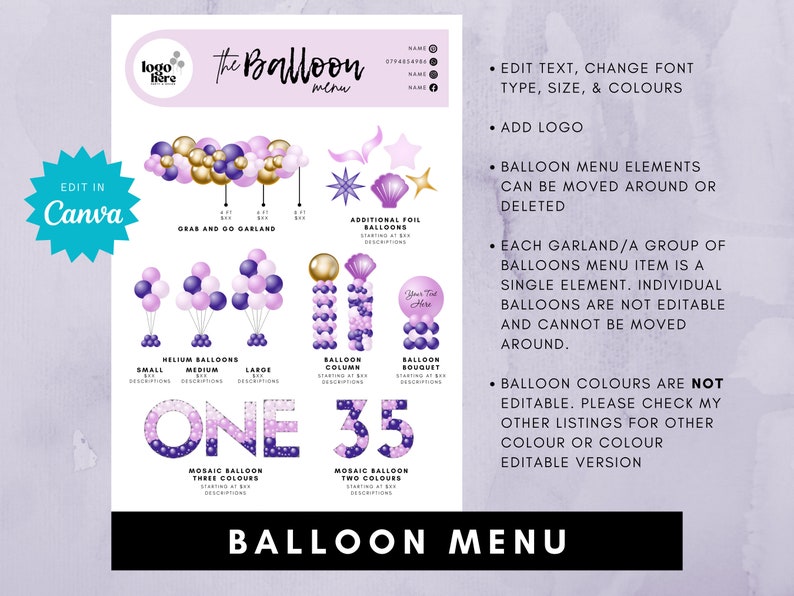 Purple Gold Balloon Menu Template for Balloon Business, Editable