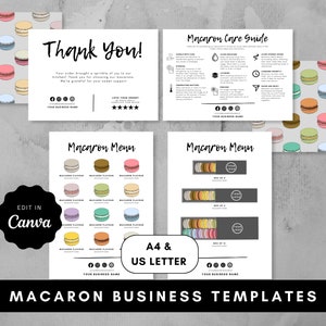Modelo de Menu Macaron, Cartão de Cuidados Macarons, Cartão de Agradecimento, Guia de Cuidados Macaron, Modelo Editável de Menu de Sobremesas, Design de Menu de Padaria