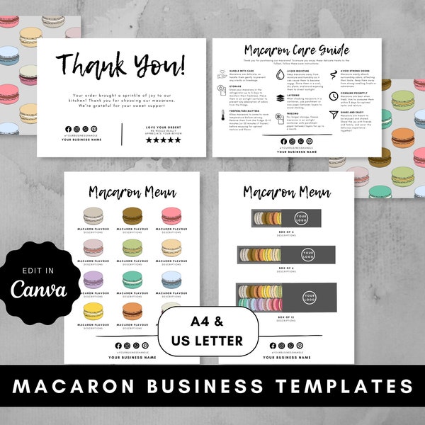 Macaron Menu Template, Macarons Care Card, Thank you Card, Macaron Care Guide, Editable template dessert menu, bakery menu design