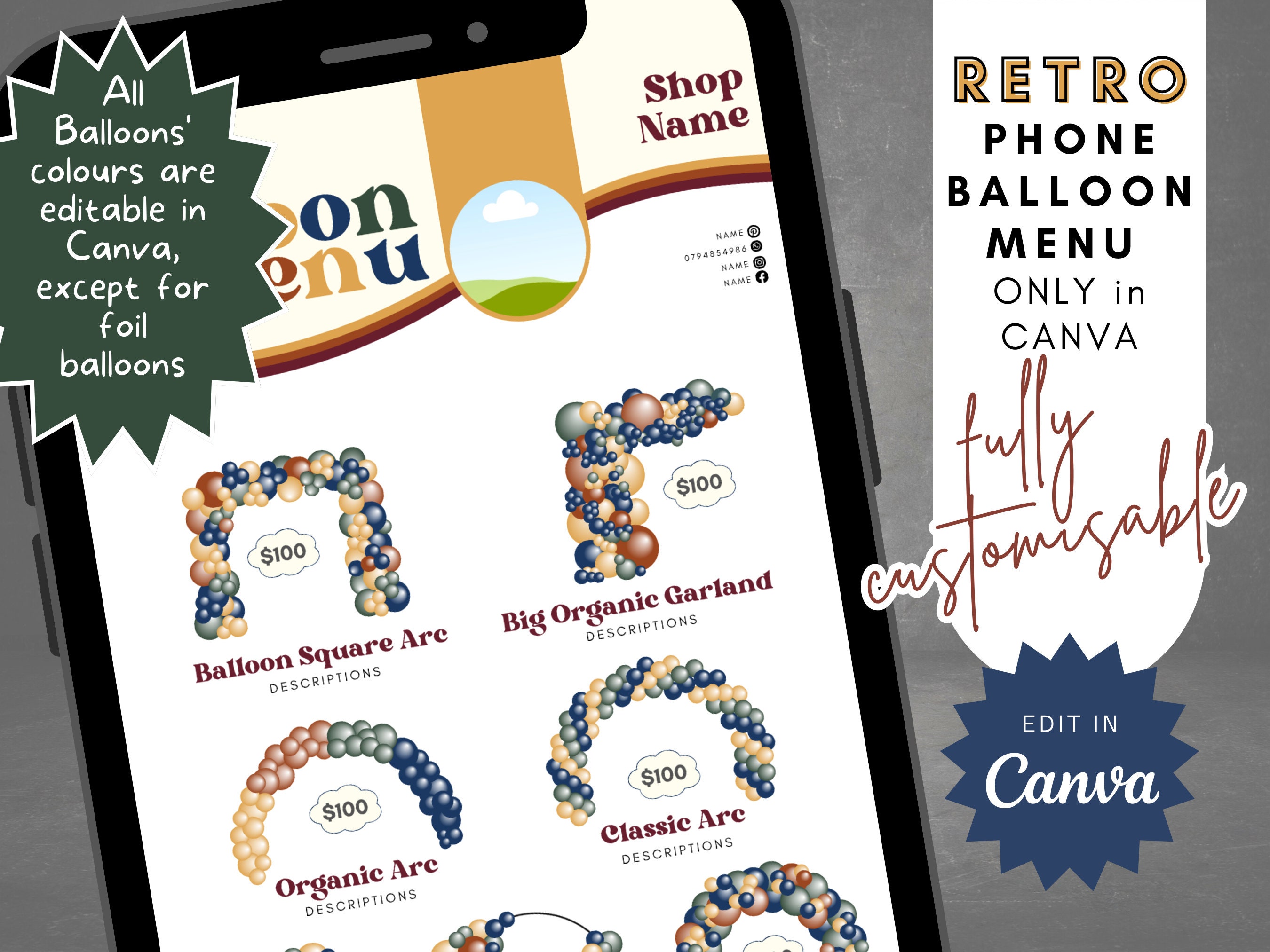 Custom Balloon Menu Retro Phone Balloon Menu Template: Editable Canva Design (instant ...