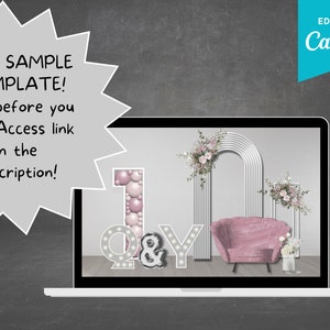 Op de afbeelding: Een laptopscherm dat een mockup toont van een fotobooth-achtergrond met een roze fluwelen fauteuil, twee witte bogen versierd met bloemen en verlichte letters die "1 & Y" spellen. De tekst "EDIT IN Canva" staat in de rechterbovenhoek van de afbeelding.