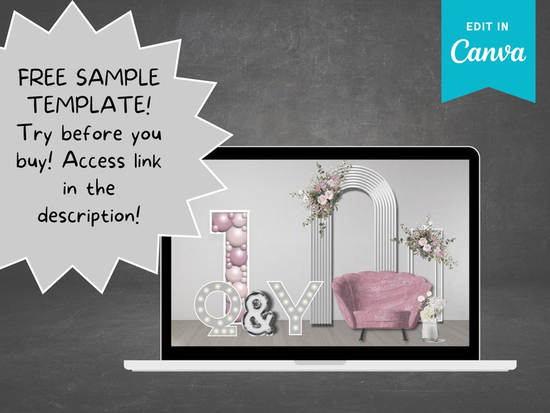 Op de afbeelding: Een laptopscherm dat een mockup toont van een fotobooth-achtergrond met een roze fluwelen fauteuil, twee witte bogen versierd met bloemen en verlichte letters die "1 & Y" spellen. De tekst "EDIT IN Canva" staat in de rechterbovenhoek van de afbeelding.