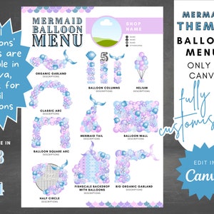 DIY Digital Blue Mermaid Balloon Menu Canva Template | Editable Balloon Arrangement Template | Instant Download Balloon Decor Guide