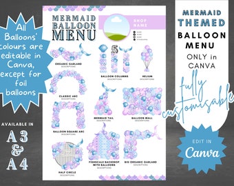 DIY Digital Blue Mermaid Balloon Menu Canva Template | Editable Balloon Arrangement Template | Instant Download Balloon Decor Guide