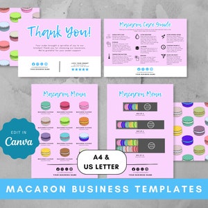 Macaron Menusjabloon, Kleurrijke Macarons Zorgkaart, Bedankkaart, Macaron Zorggids, Bewerkbare sjabloon dessertmenu, bakkerij menu ontwerp