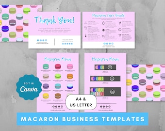 Macaron Menu Template, Colorful Macarons Care Card, Thank you Card, Macaron Care Guide, Editable template dessert menu, bakery menu design