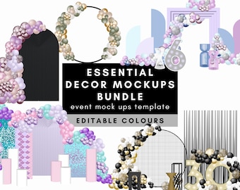 May include: A set of six editable event backdrop mockups featuring balloon arches, geometric shapes, and a black and white striped backdrop. The mockups are perfect for creating custom backdrops for parties, weddings, and other events.