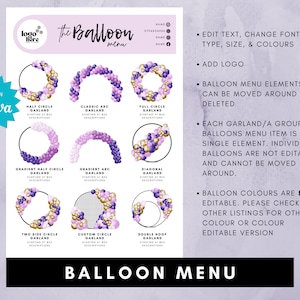 Peut inclure: Un mod&egrave;le de menu de ballons imprimable avec un th&egrave;me de couleur violet, or et blanc. Le menu pr&eacute;sente diff&eacute;rents mod&egrave;les de guirlandes de ballons, notamment des guirlandes en demi-cercle, en cercle complet et en diagonale. Le texte du menu indique "The Balloon Menu" et comprend des instructions pour modifier le texte, le logo et les &eacute;l&eacute;ments de ballons.